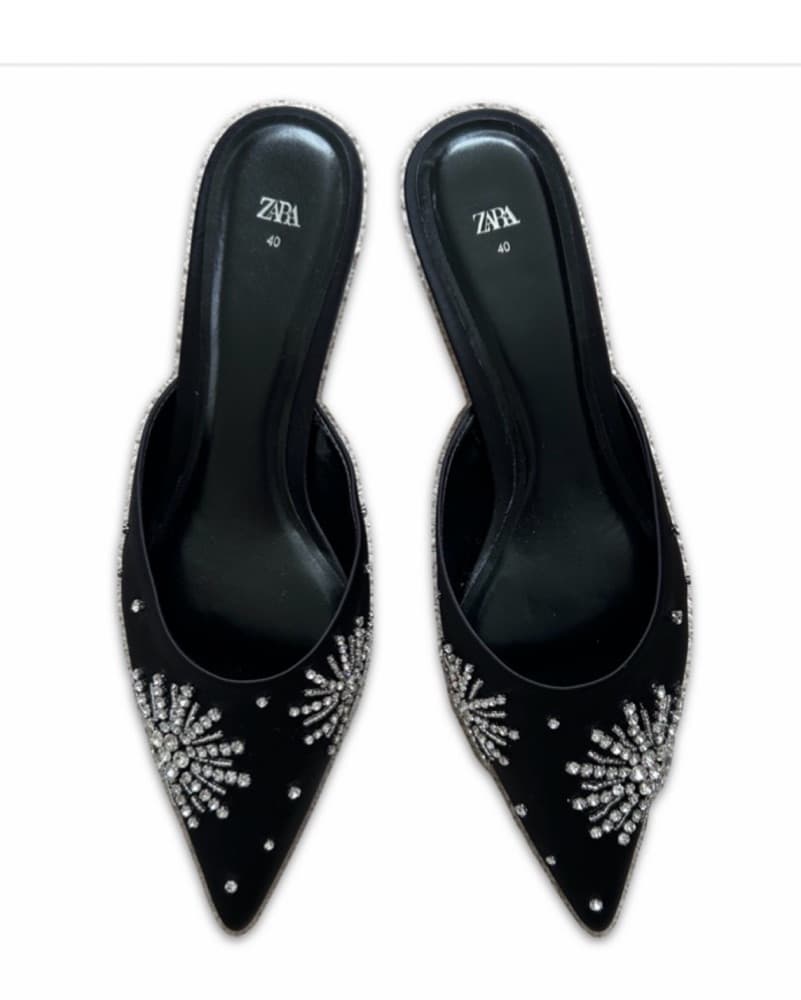 Zara Rhinestone Black Kitten Heel Mules  - Image 3