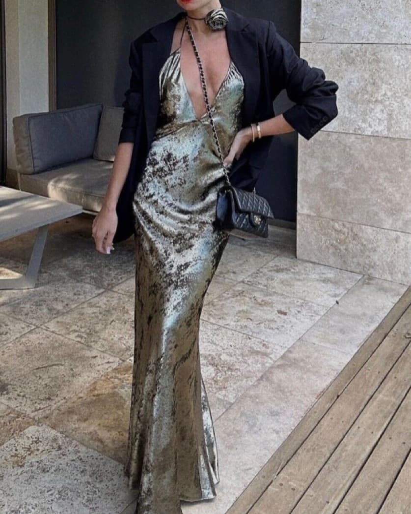 Zara Maxi Foil Dress With Flower - Image 1