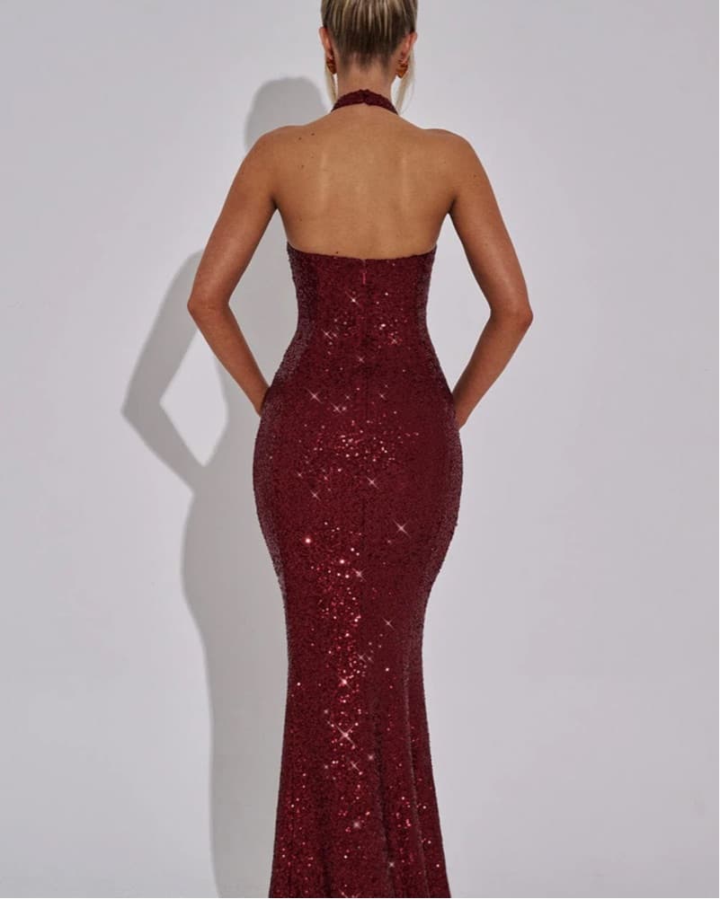 Stunning Burgundy Sequin Halter Gown - Image 3