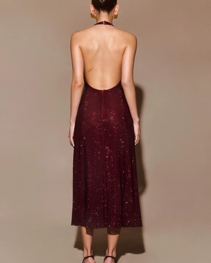 Captivating Burgundy Sequin Halter Dress - Image 2