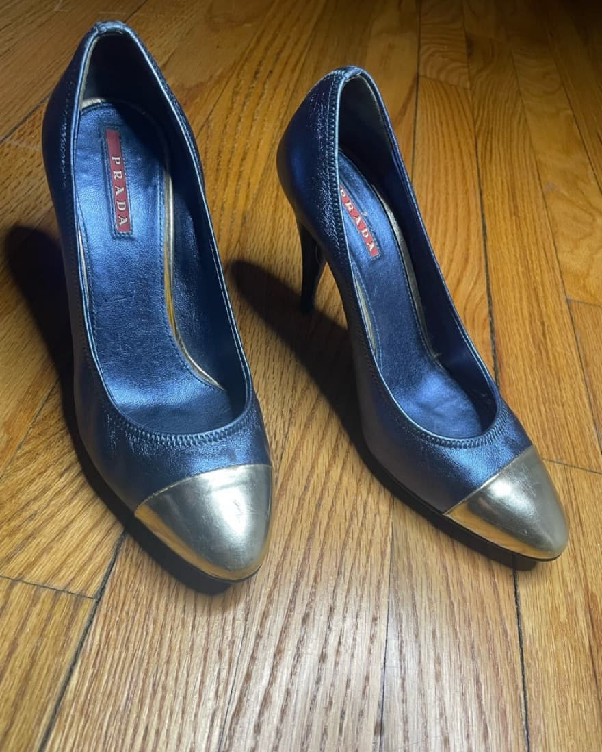 Metallic Blue And Silver Prada Heels - Image 3