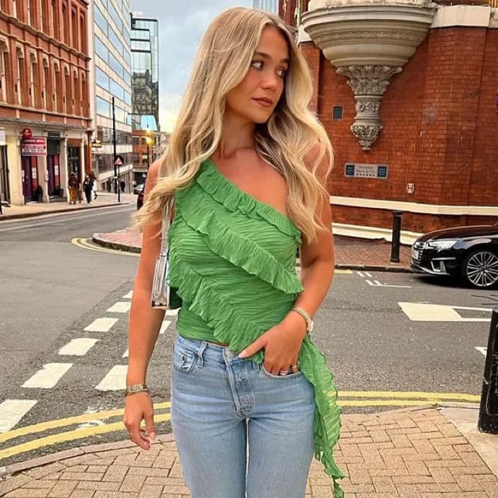 Green Asymmetrical Ruffle Top - Image 1