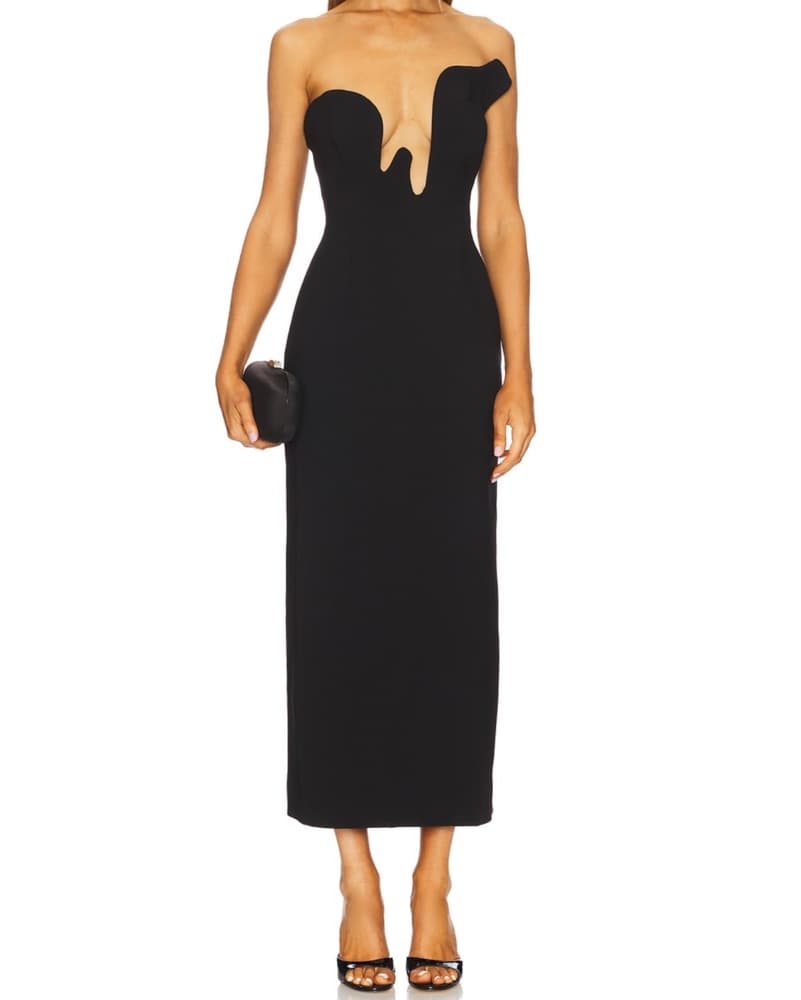 Black Strapless Plunging Midi Dress - Image 1