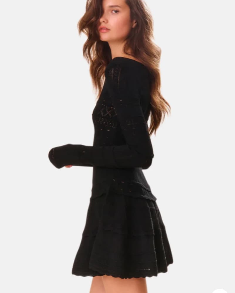 Loveshackfancy Pointelle Knit Lavender Black Long Sleeve Scoop Neck Black Mini Dress - Image 3