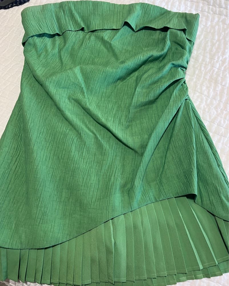 Pleated Green Strapless Mini Dress - Image 2