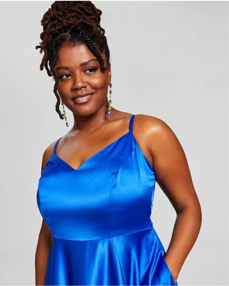 B Darlin Satin Front Slit Gown - Image 3