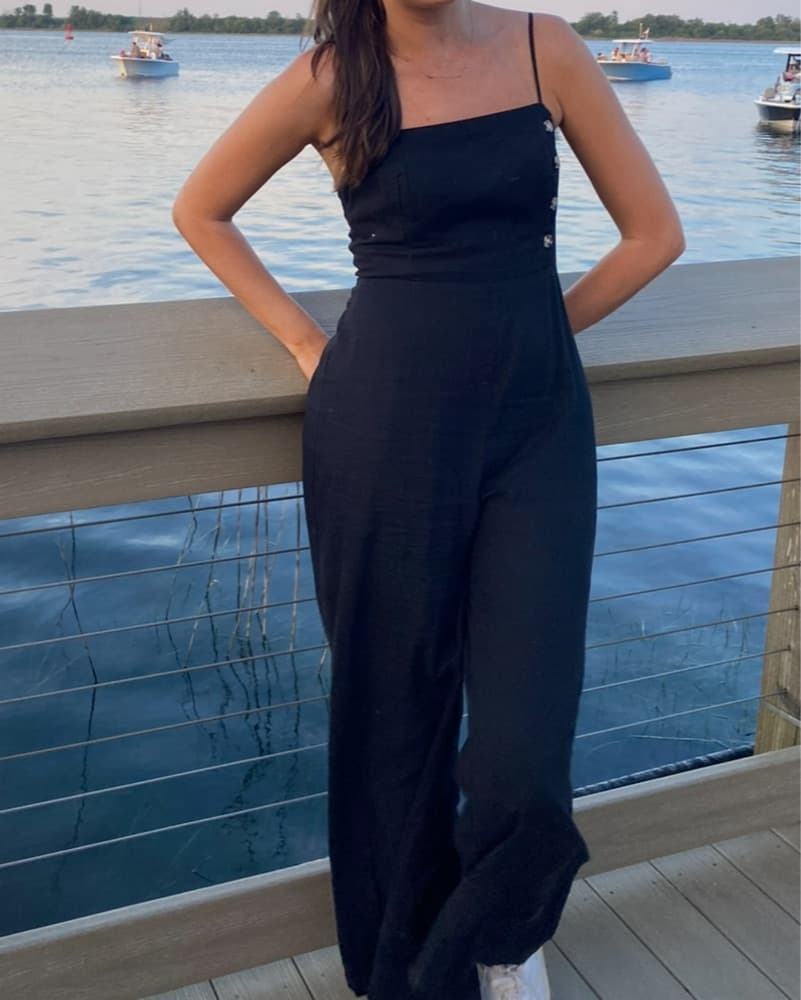 Chic Black Linen Jumpsuit with Buttons - Image 2
