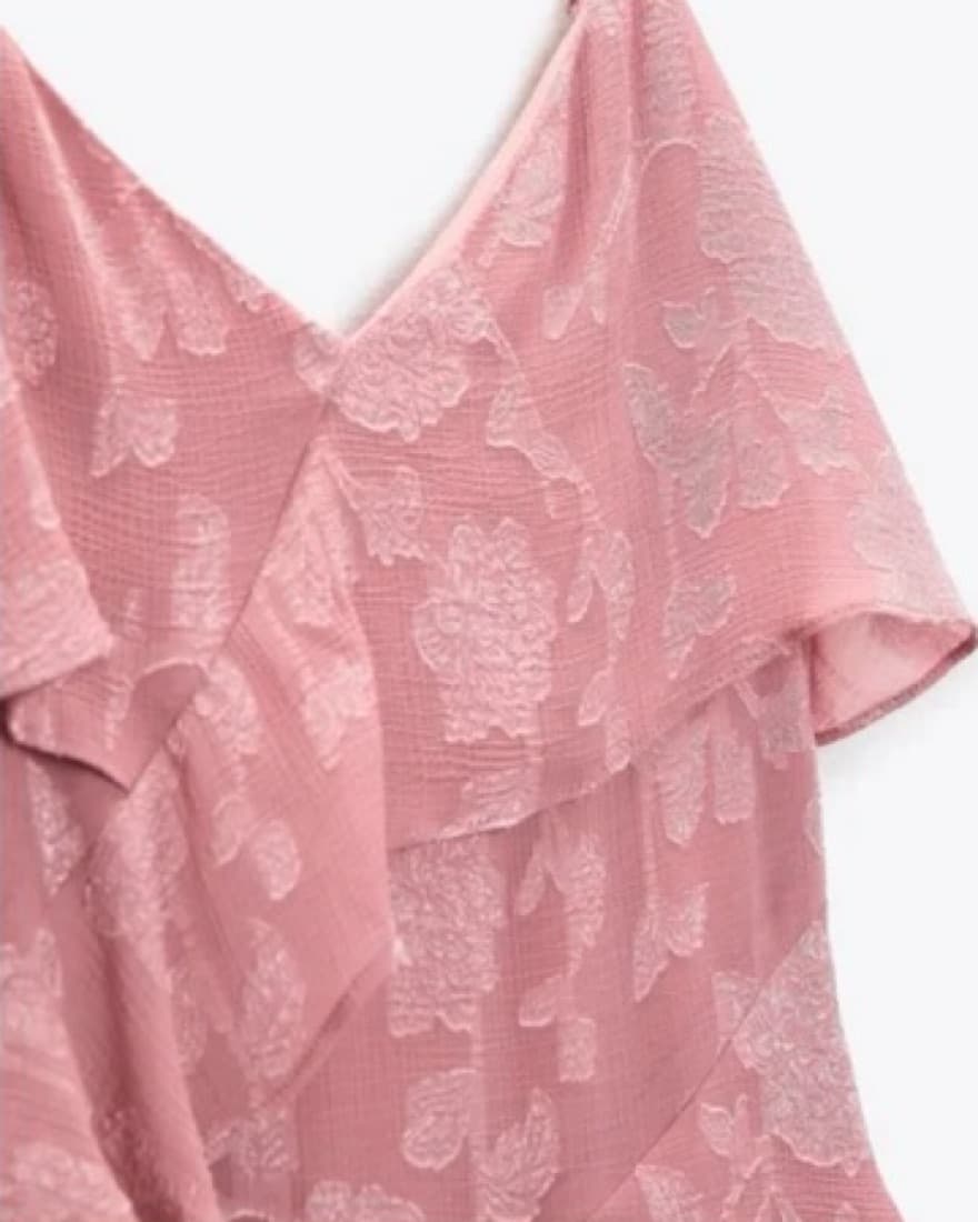 Zara Ruffled Pink Floral Jacquard Dress - Image 5