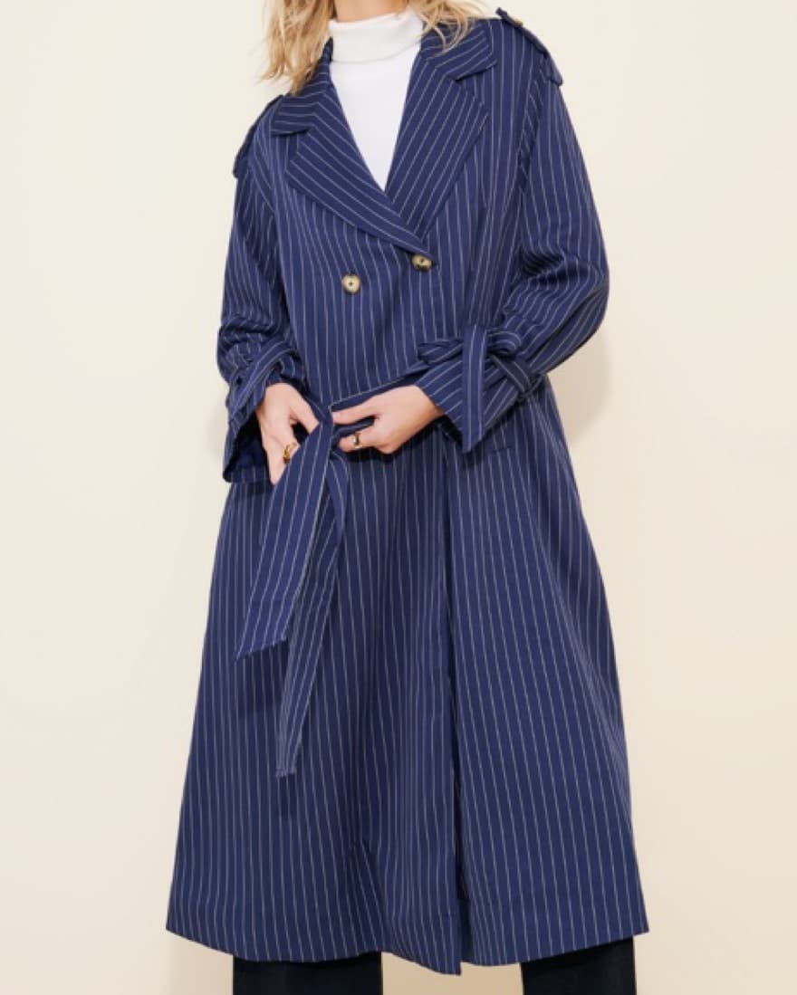 Navy Pinstriped Lightweight Trench Coatv - Image 1
