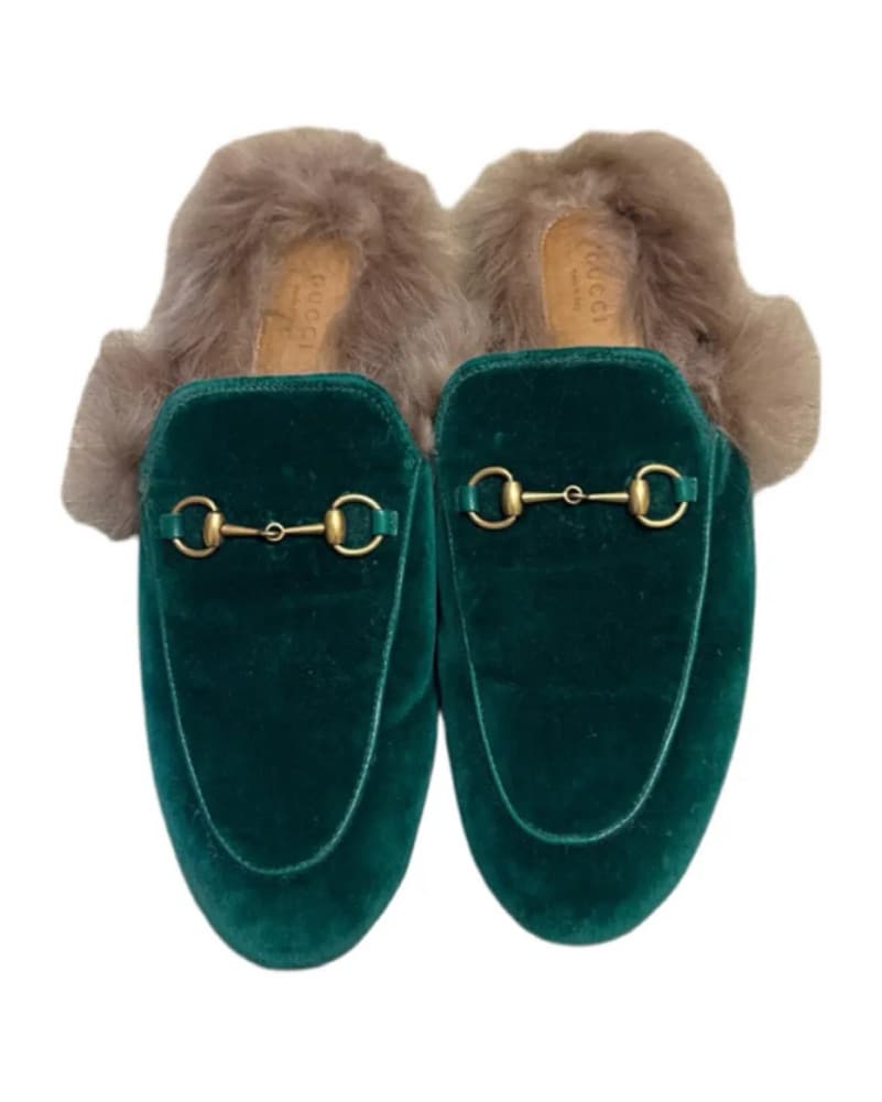 Gucci Loafer Green Fur Velvet Mules  - Image 1