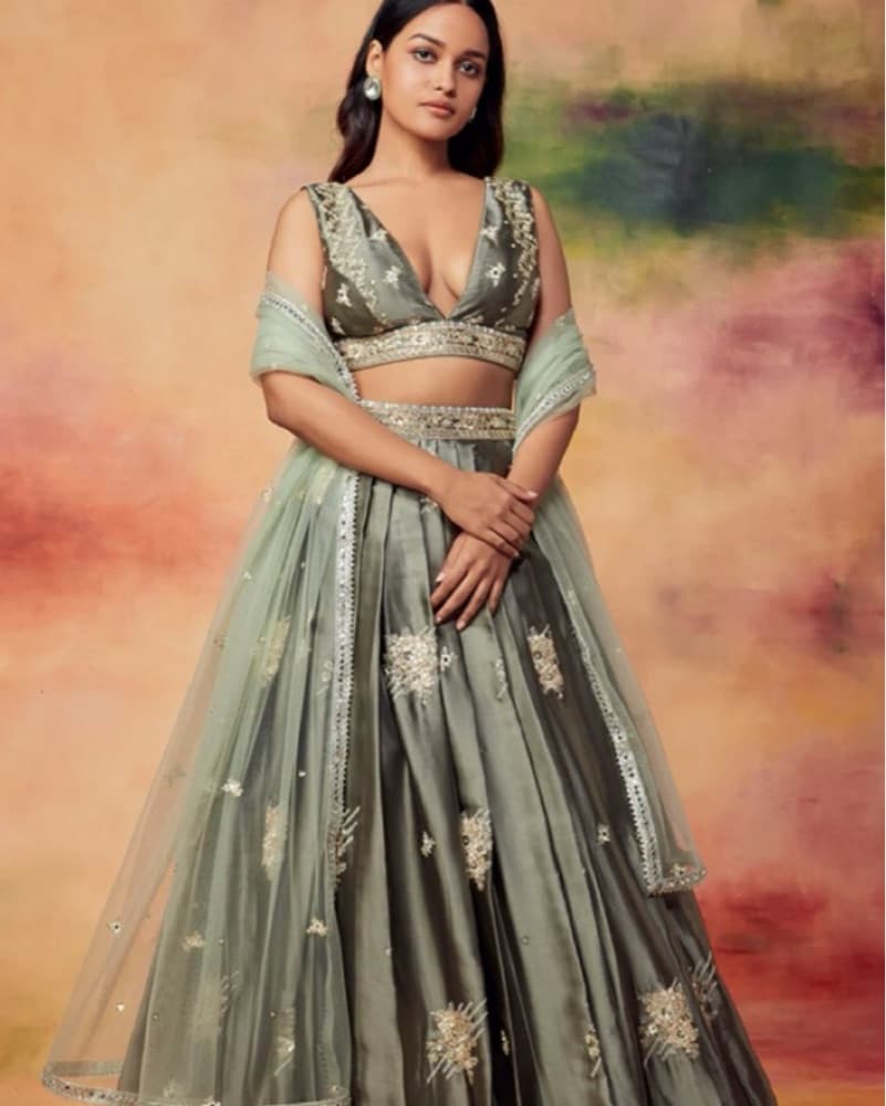 Olive Green Embroidered Satin Lehenga - Image 1