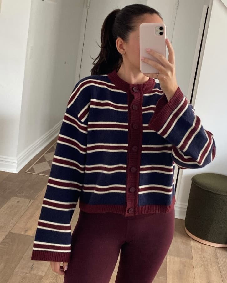 Striped Cardigan with Burgundy Accent - Image 1