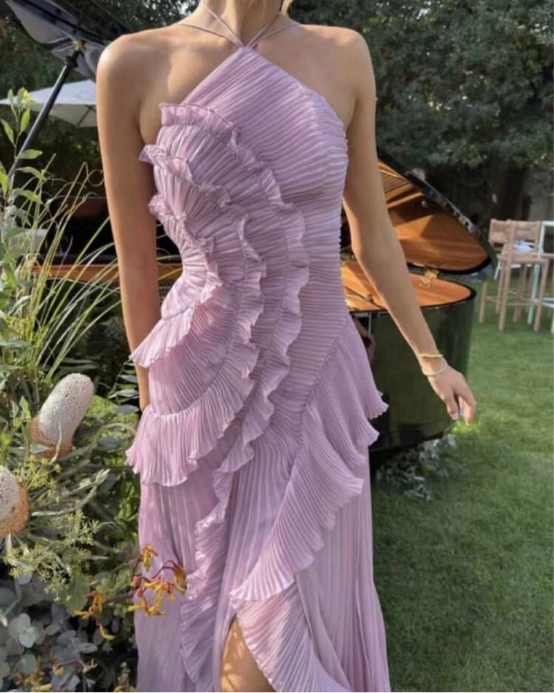 Lavender Pleated Ruffle Halter Maxi Dress - Image 3