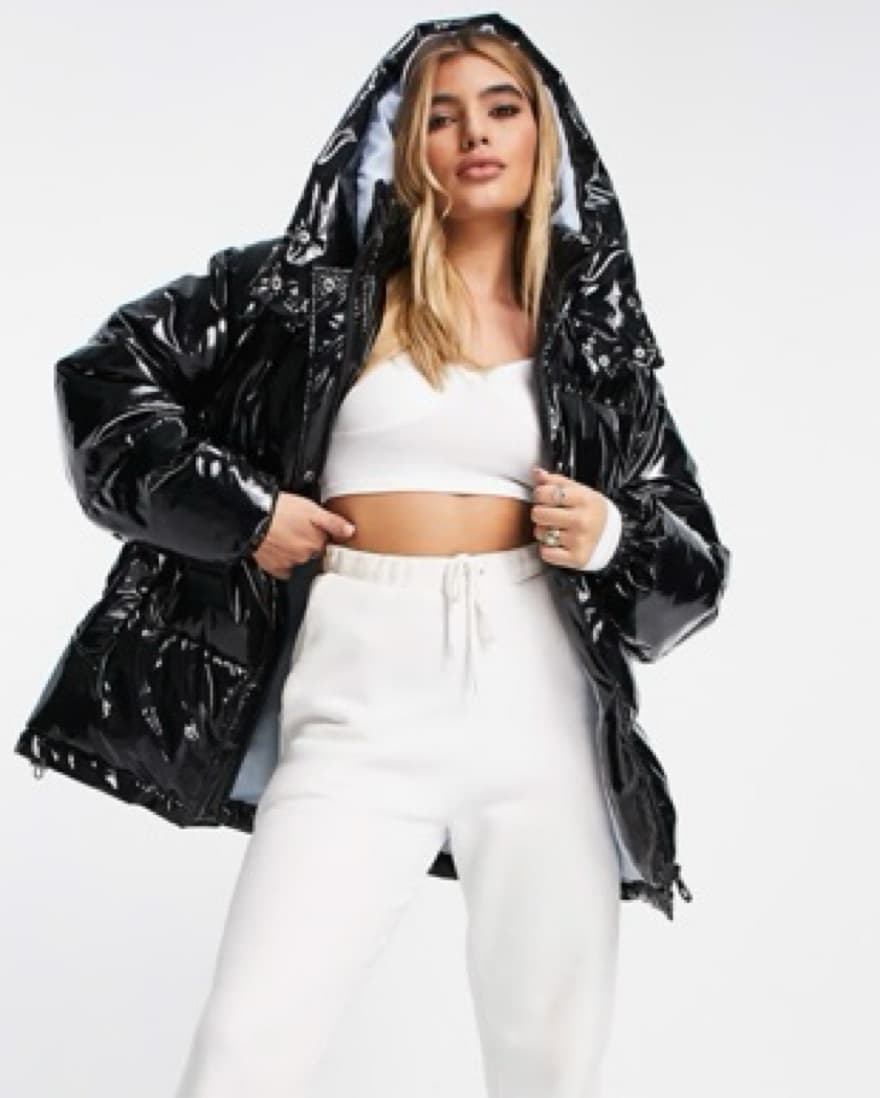 Shiny Sleek Black Hooded Puffer Jacket - Image 2