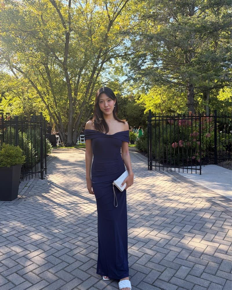 Asos Ruched Navy Blue Off-Shoulder Gown - Image 2