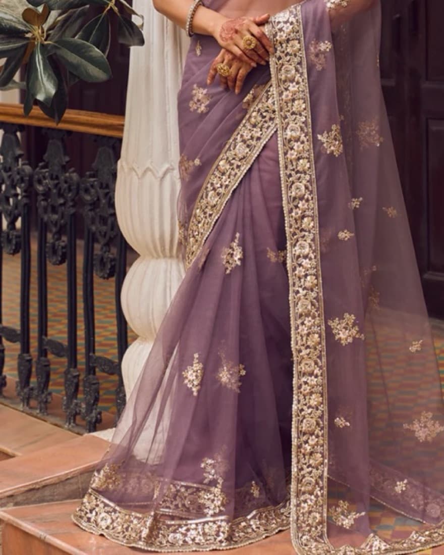Dusty Purple Embroidered Saree - Image 1