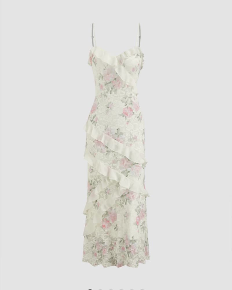 Cream Floral Ruffle Maxi Dress - Image 1