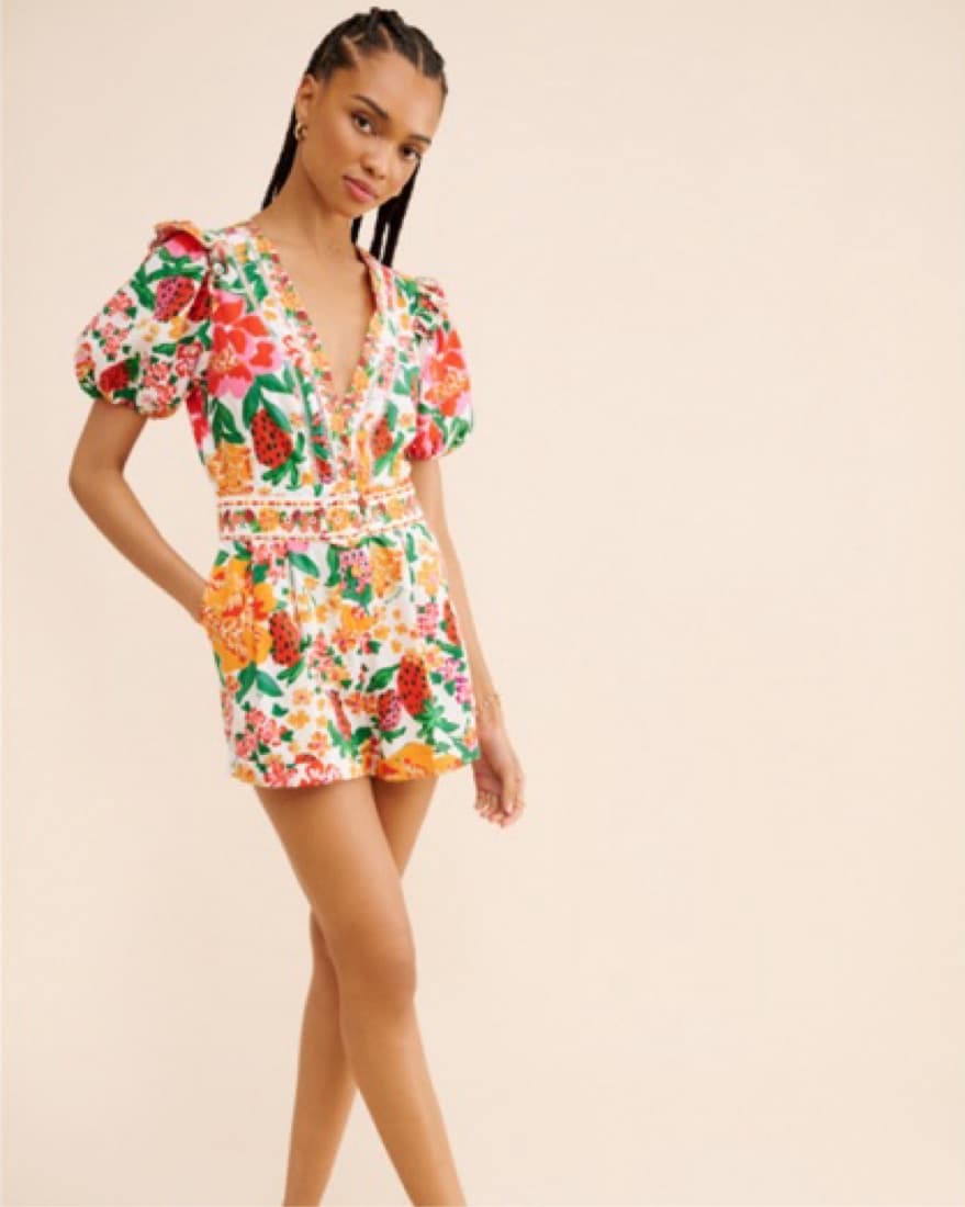 Farm Ro Floral Puff Sleeve Romper - Image 1