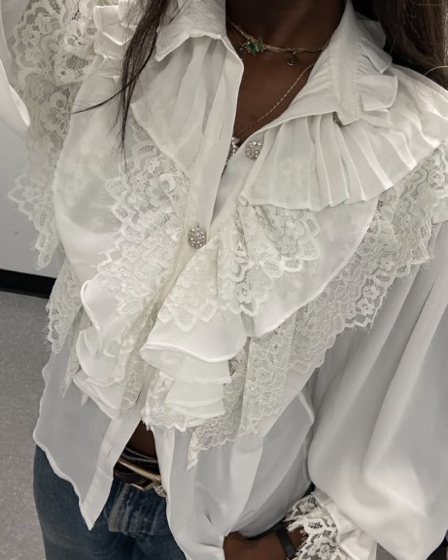 Ruffled Lace Blouse with Pearl Accents - Image 2