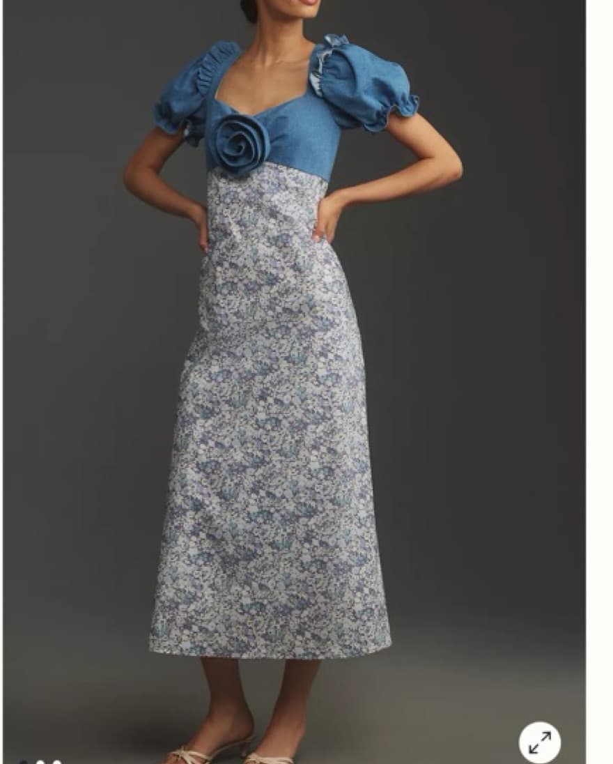 Elegant Floral Midi Dress with Puffed Sleeves - Image 1
