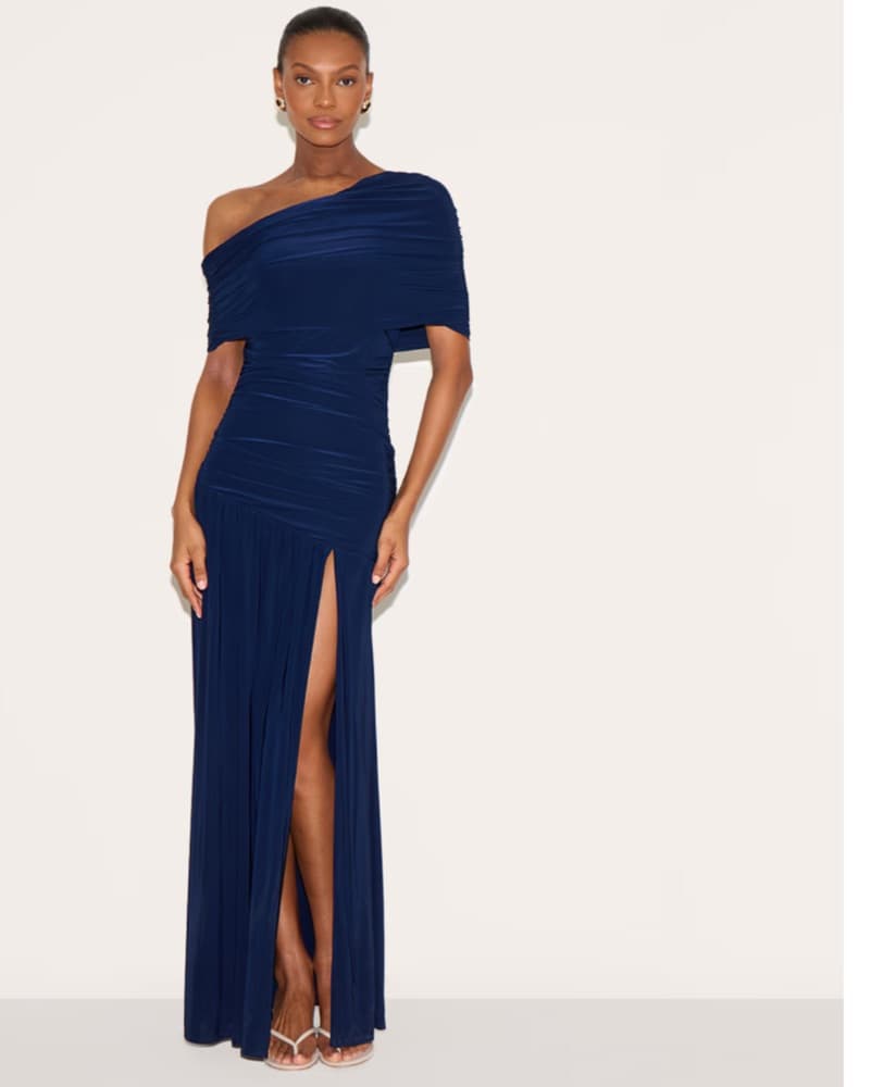Navy Silky One Shoulder Maxi Dress - Image 1