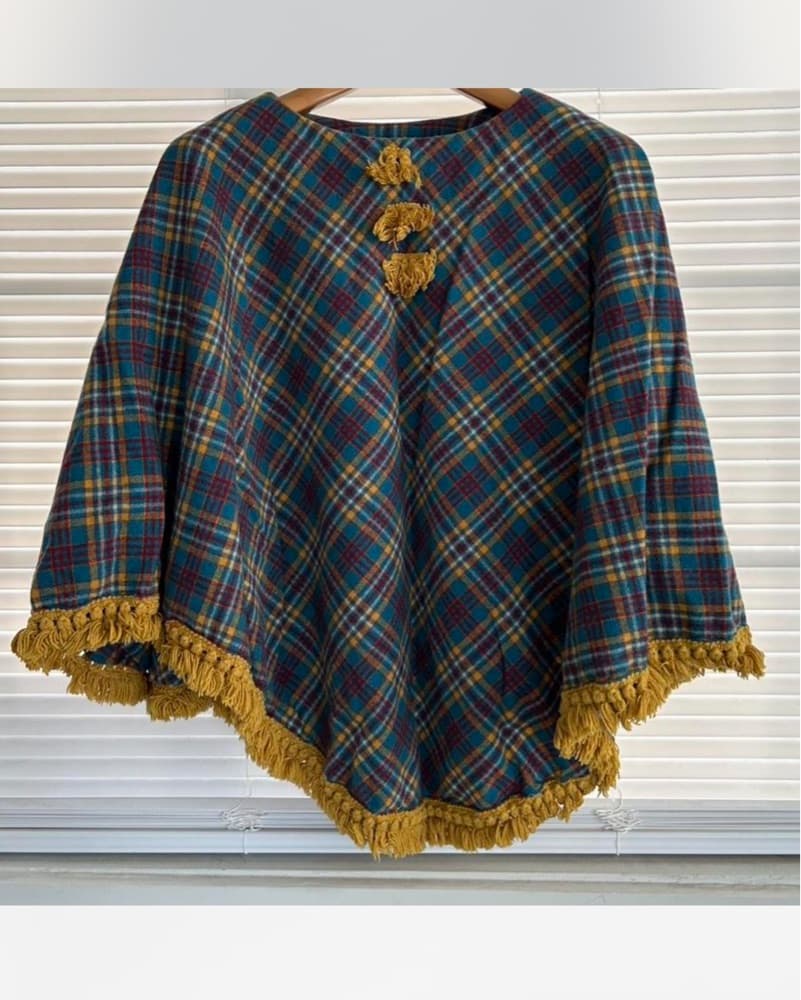 wool blend vintage plaid poncho - Image 1
