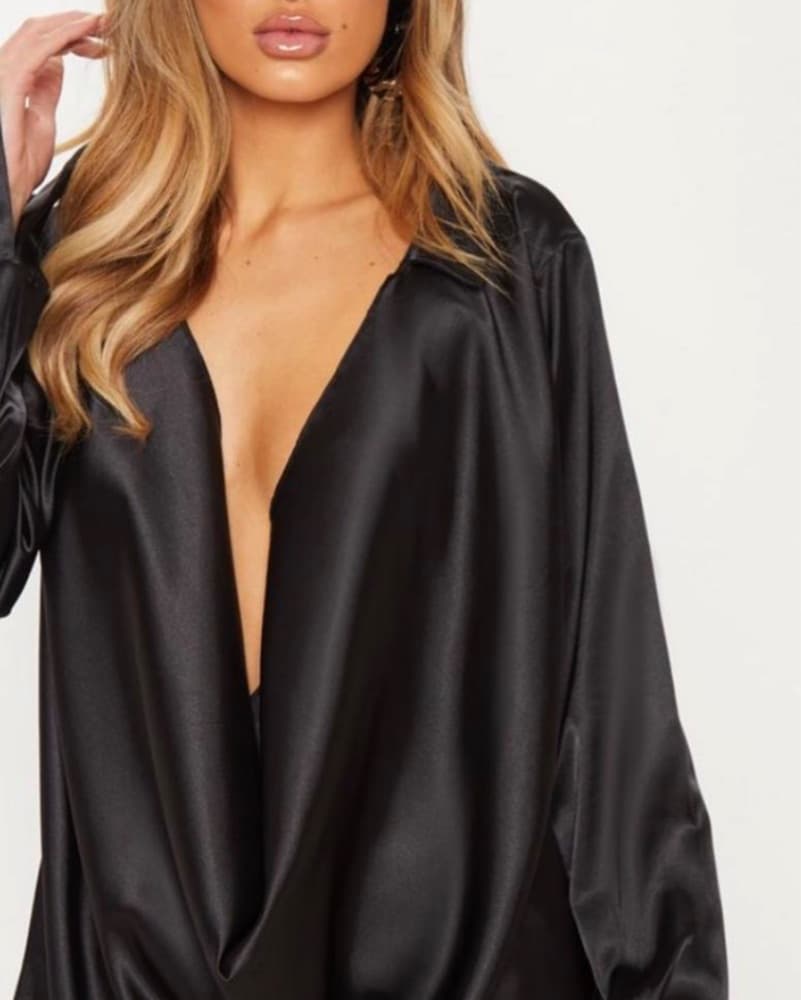 Black Satin Draped Blouse - Image 2