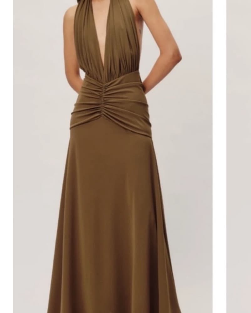 Ronny Kobo Olive Ruched Halter Dress - S - Image 1