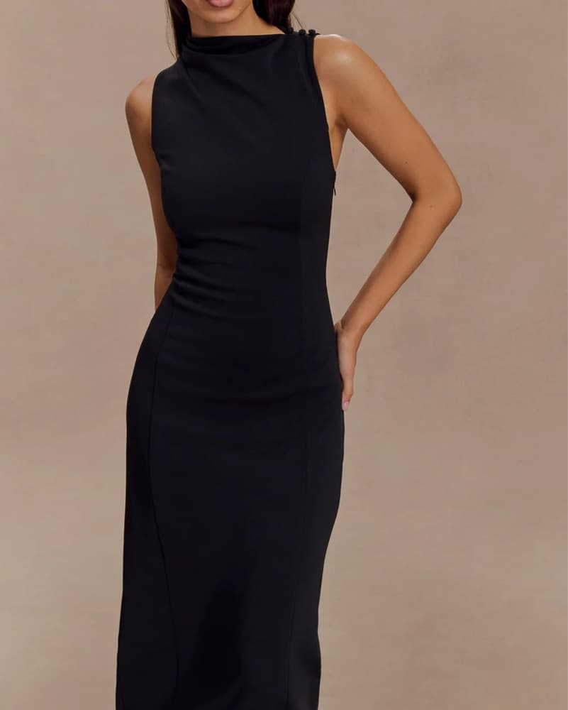Meshki Draped Black Midi Dress - Image 3