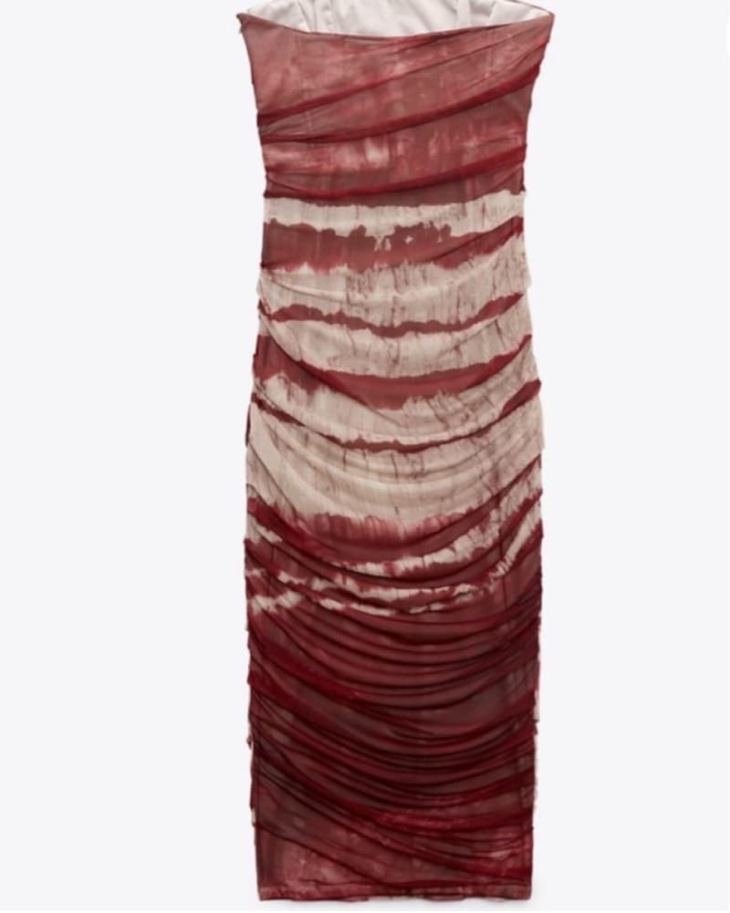 Red Strapless Tie-Dye Midi Dress - Image 4