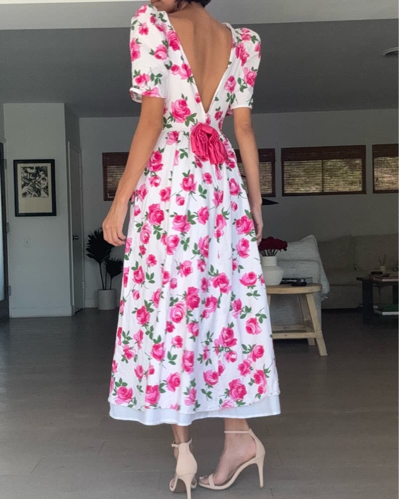 Vintage Floral Midi Dress – Hot Pink - Image 1