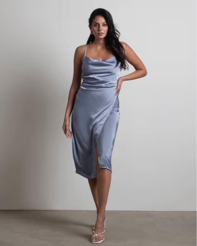 Elegant Grey/Slate Satin Midi Dress - Image 1
