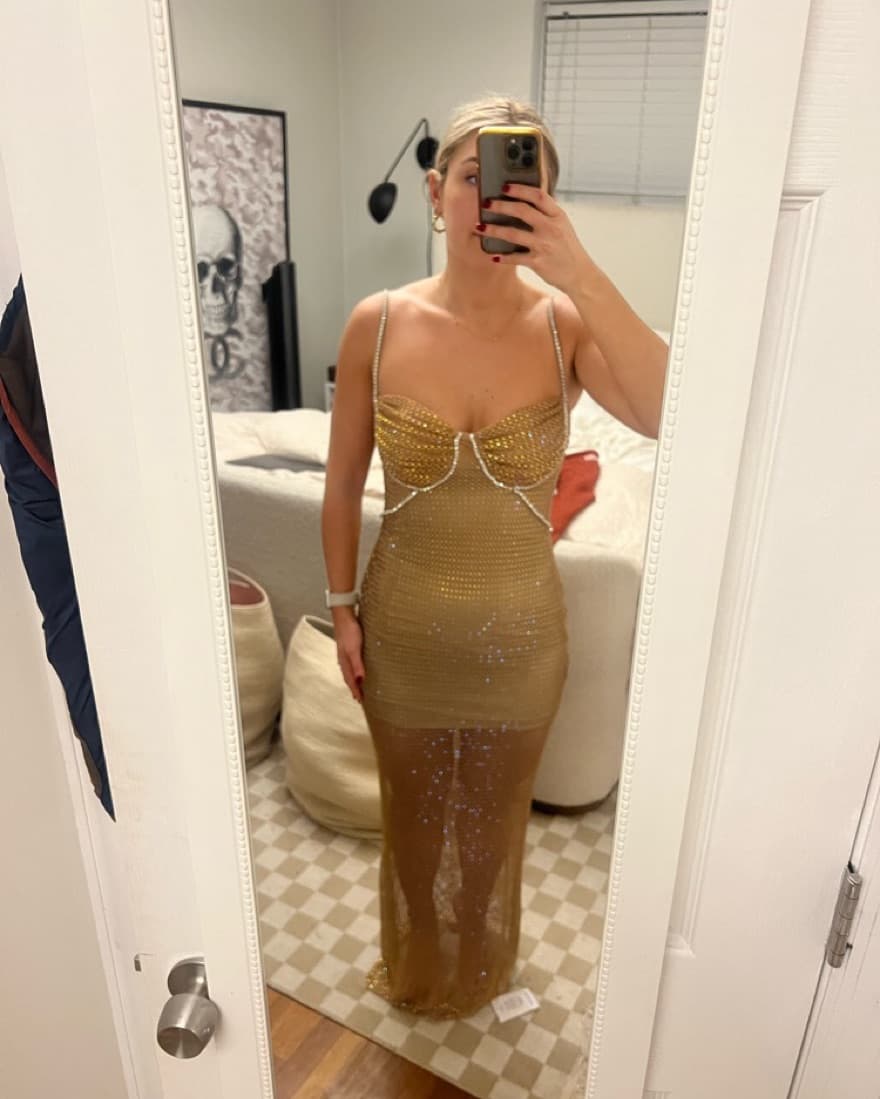 Self Portrait Tan Mesh Rhinestone Dress  - Image 4