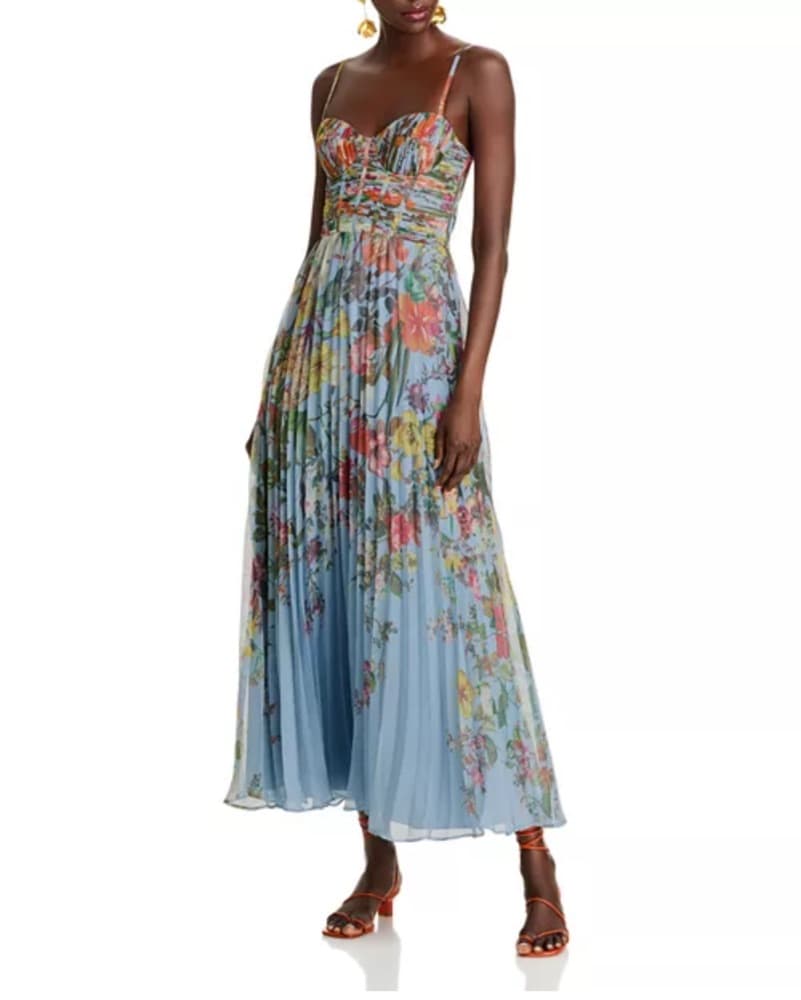Blue Floral Pleated Midi Dress - Image 4