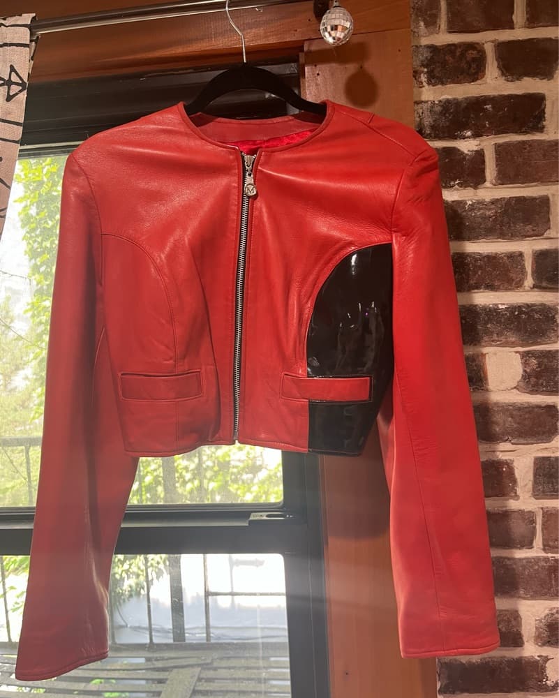Red Leather Cropped Jacket - Image 2
