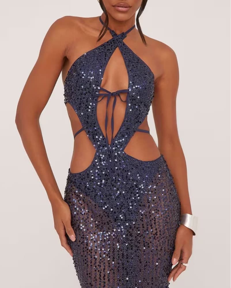 Blue Sequin Halter Cutout Maxi Dress - Image 3