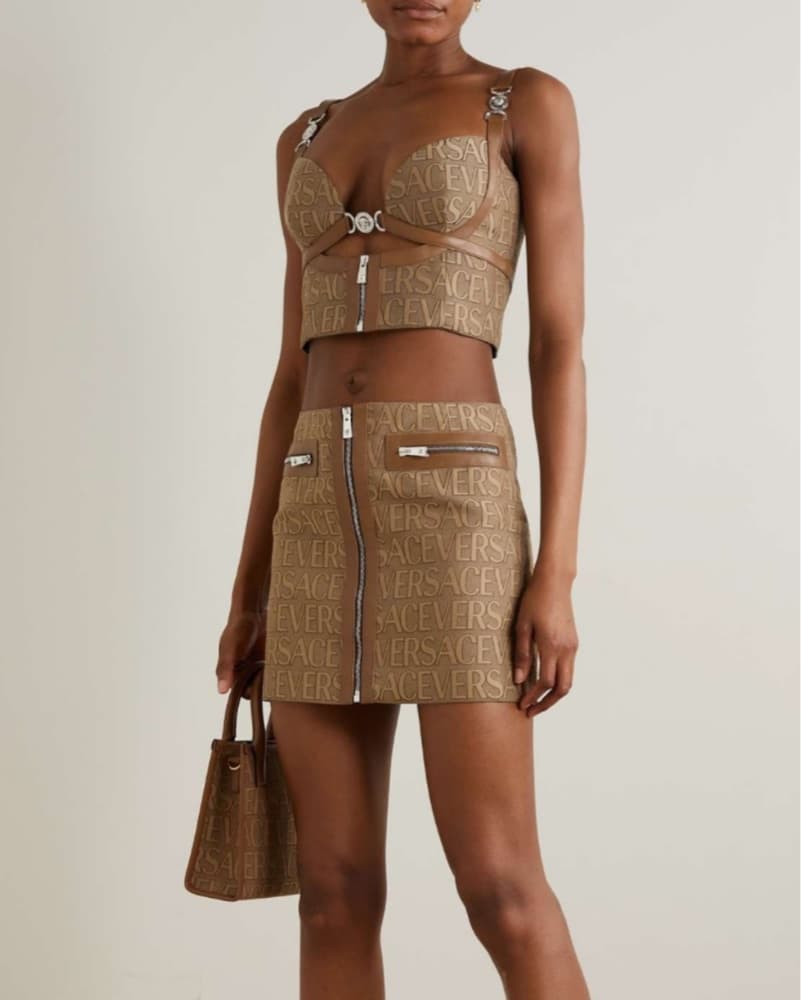 Versace Logo Set - Brown Neutral Leather Trim Medusa Zipper Cropped Corset Bustier Bra & Mini Skirt - Image 1