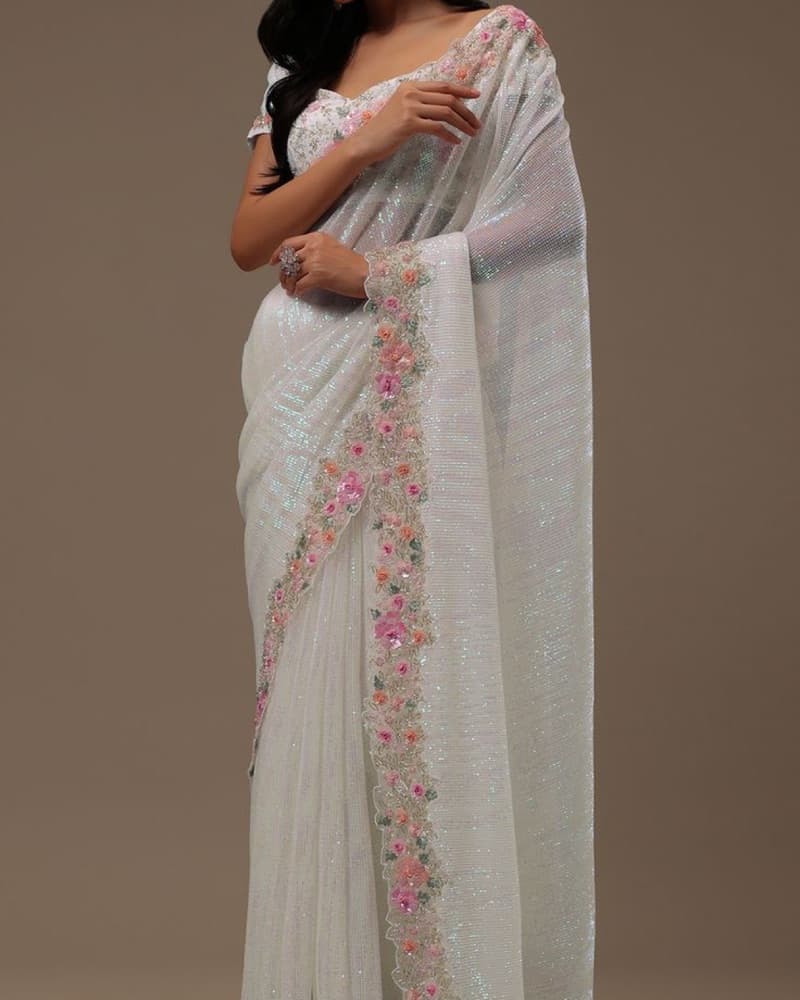 White Sequins Fabricated Saree - Image 1