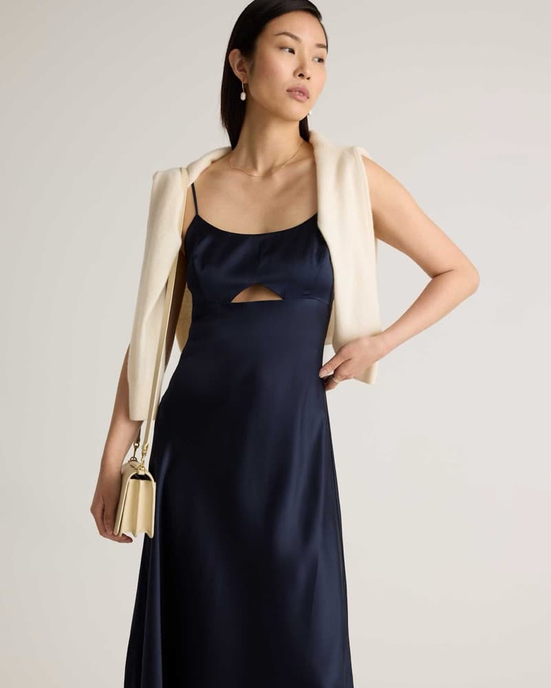 Navy 100% Silk Cutout Midi Slip Dress - Image 6