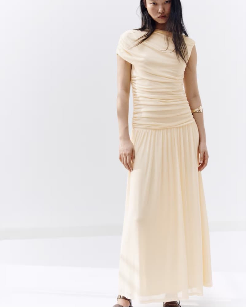 Light Yellow Draped Pleated Maxi Dress - Image 1