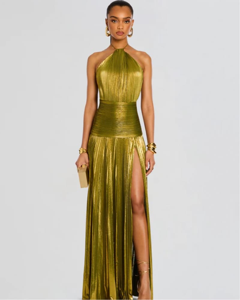 Retrofête Thalia Green Gold Halter Dress - Image 1