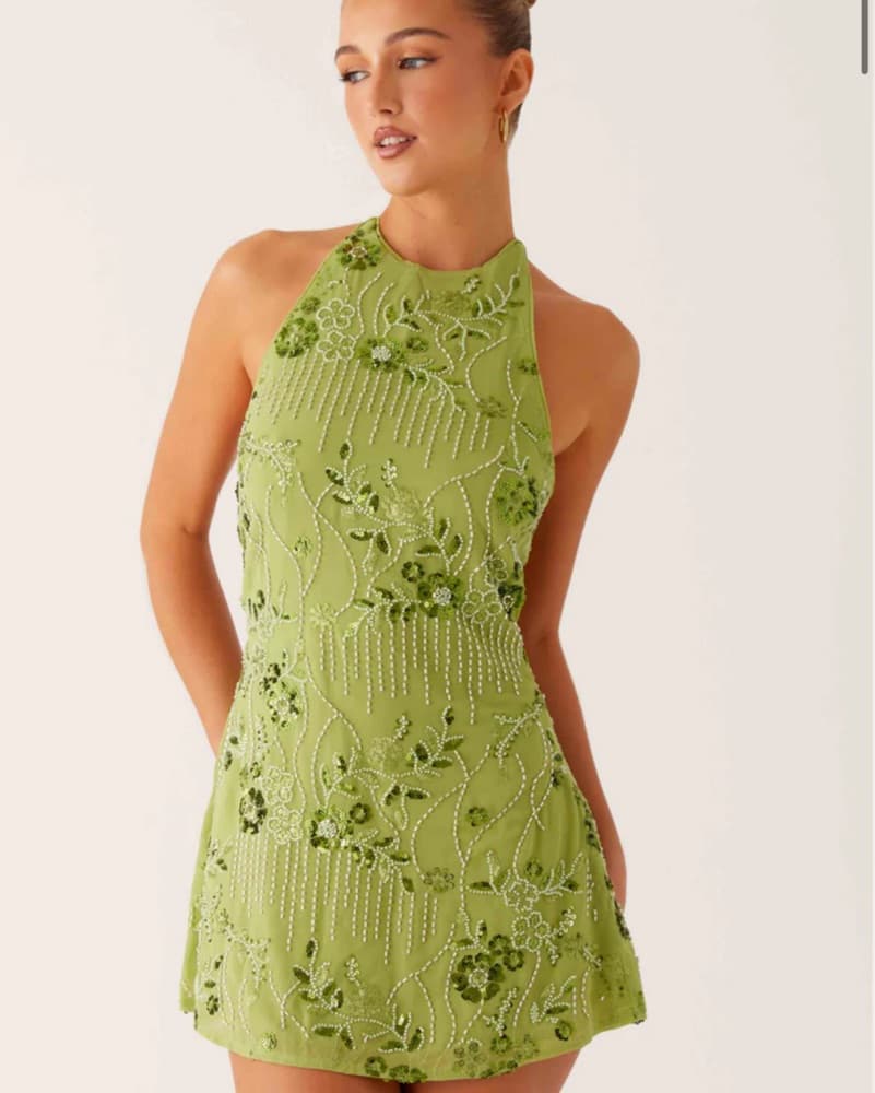 Vibrant Green Embroidered Mini Dress - Image 3