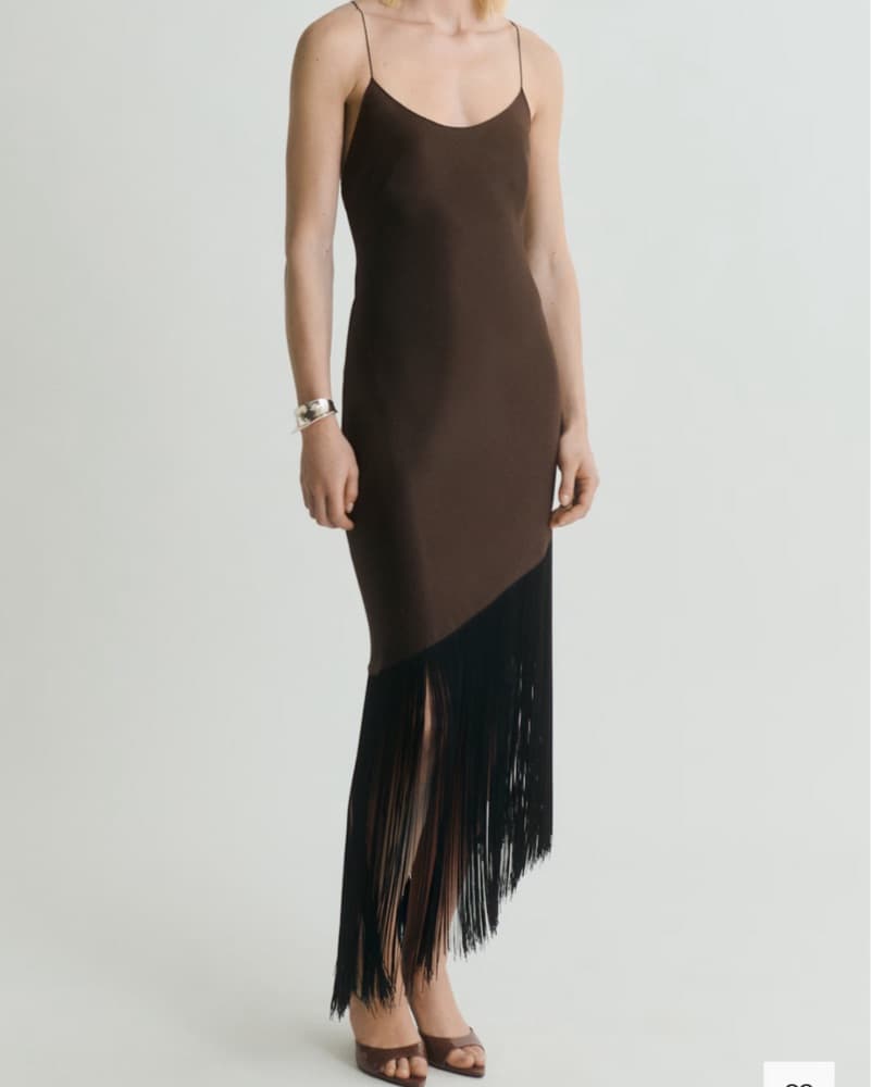 Asymmetrical Satin Dress With Fringes - Image 1