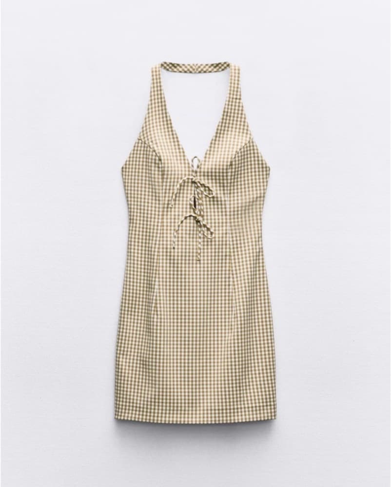 Zara Tan & White Gingham Mini Dress - Image 1