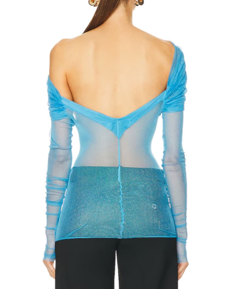 Christopher Esber Veiled Sheer Off Shoulder Ruched Blue Top - Image 3