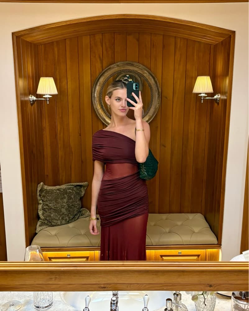 One Shoulder Mesh Maxi Dress Burgundy - Image 1