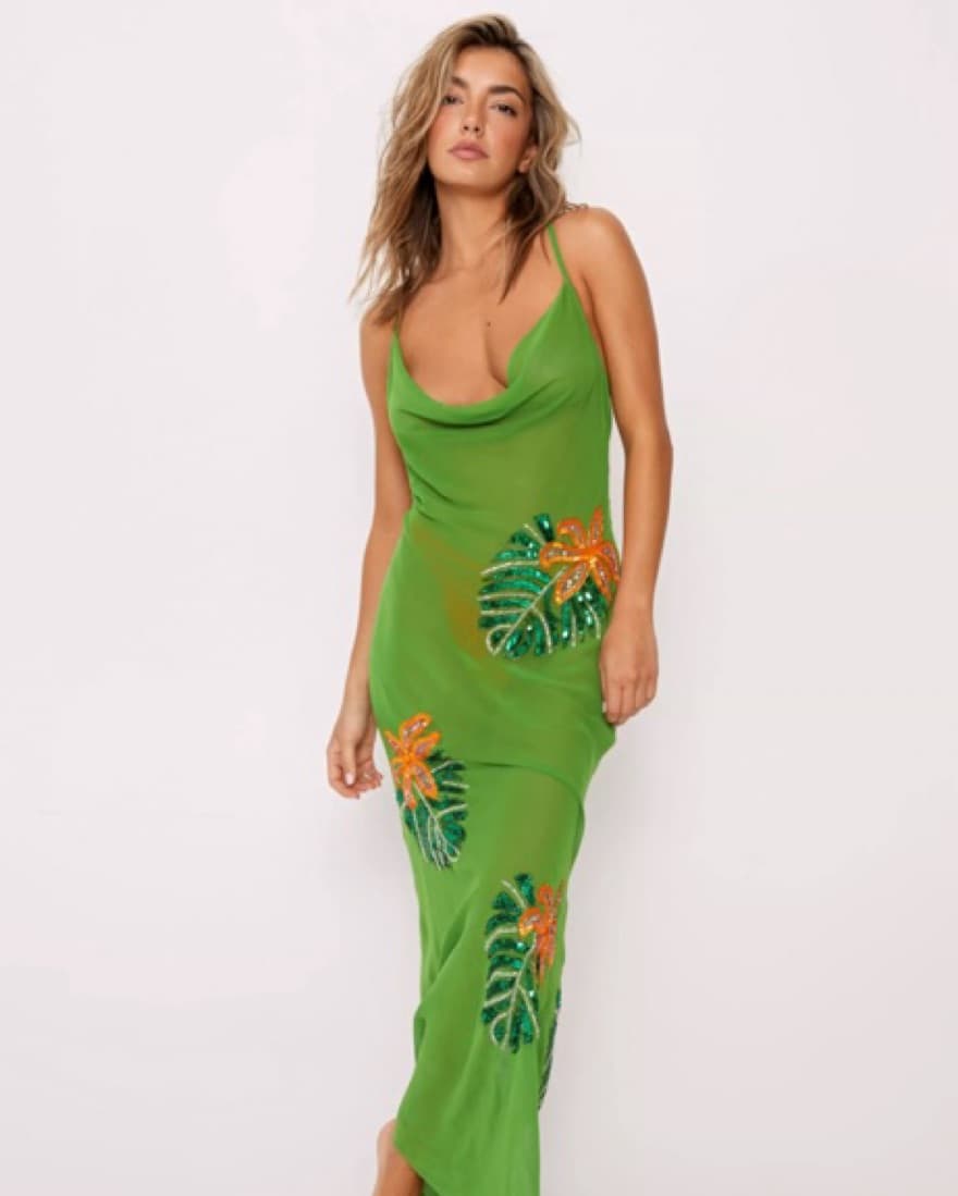 Tropical Cowl Neck Green Maxi Dress - Image 2