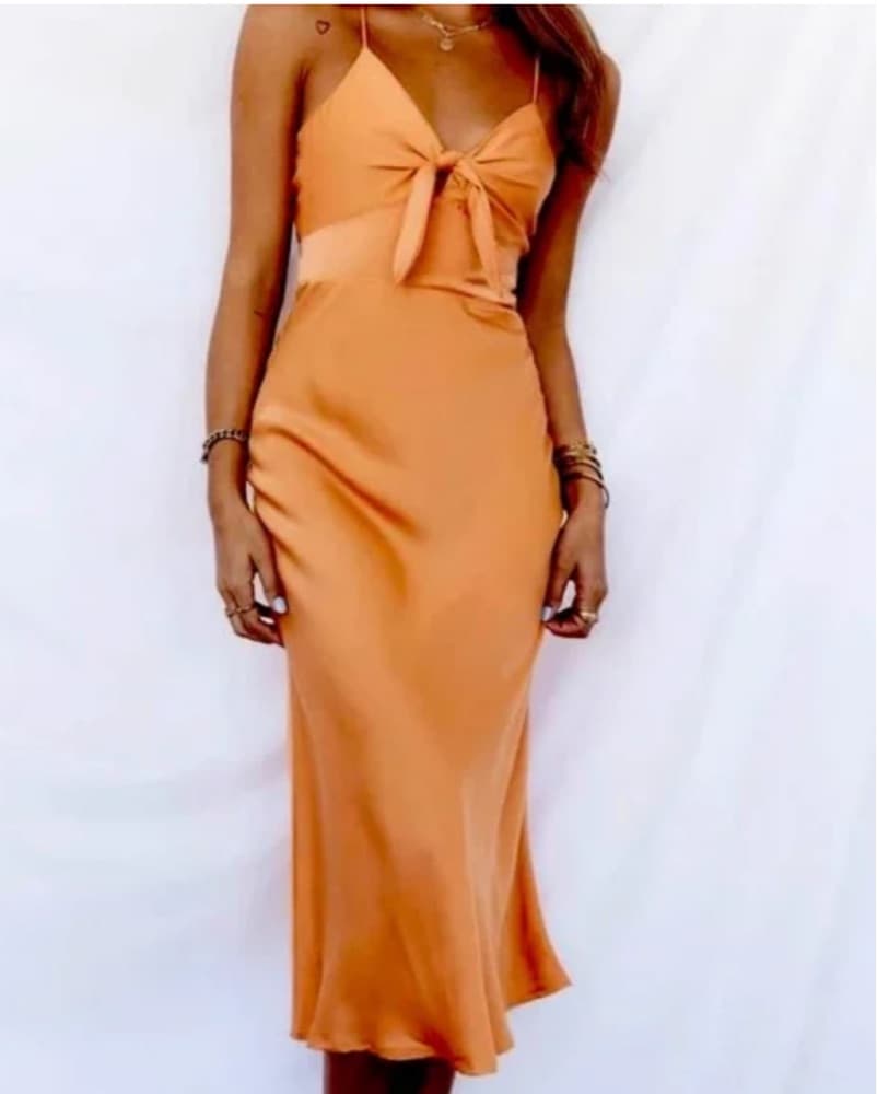 Orange Tue Front Midi Dress - Image 1