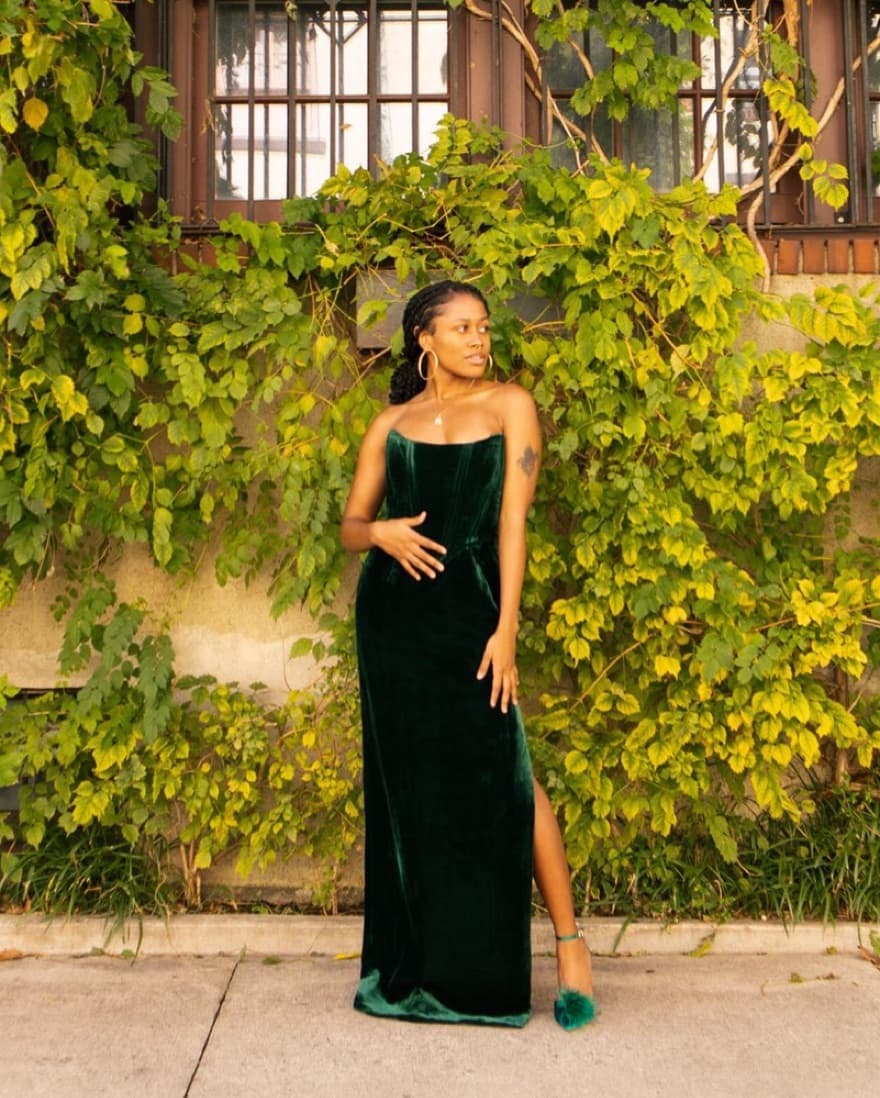 Green Corseted Velvet Dress - Image 1