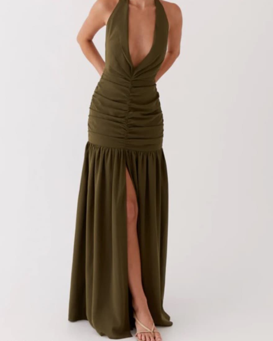 Ruched Olive Green Maxi Dress - Image 3